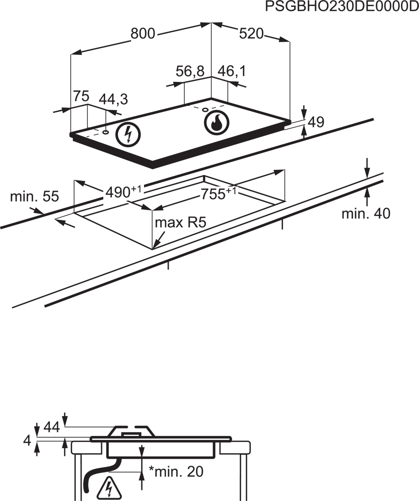 AEG 9000 table de cuisson au gaz - 80cm - HVB8453IB